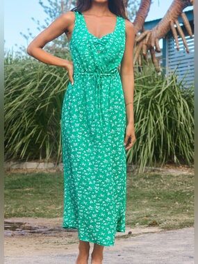 Cupshe Emerald Green Ditsy Floral Cinch Tie Front Surplice Maxi High Slits Sz Sm